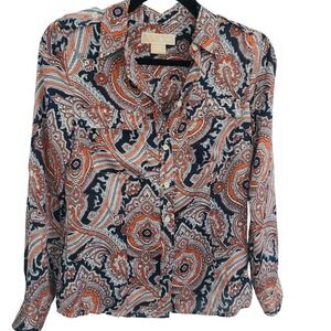Michael Kors Petite Navy Orange Paisley Button Front Roll Tab Sleeve Blouse P